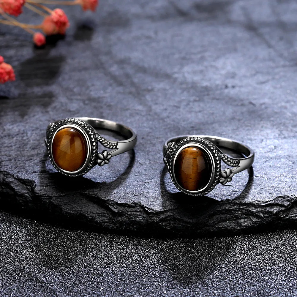 Natural 8*10MM Tiger's Eye Stone Finger Ring Fashion Jewelry Rings for Women Gift 925 Sterling Silver Flower Shaped Ring