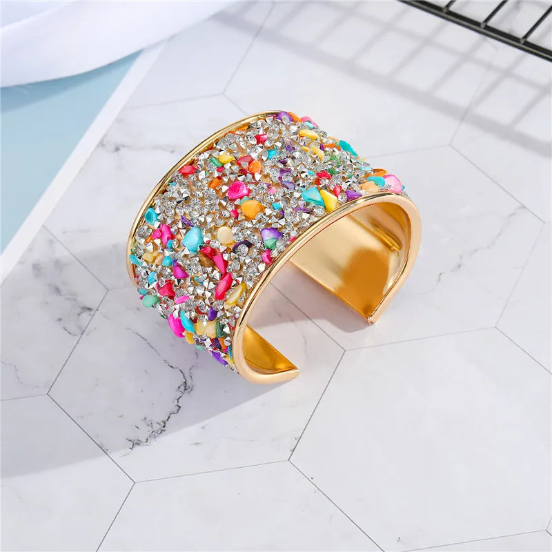 Dayoff European Bohemian Metal Zircon Bracelet Colorful Rhinestone Resin Stone Open Adjustable Wide Cuff Bracelet Women Jewelry