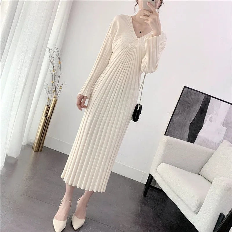 High Elastic Skinny Stretchy Dress Ladies Woolen Dress 2020 Fall Winter Waist Thin V-neck Bottoming Vintage Dress Sexy Dress