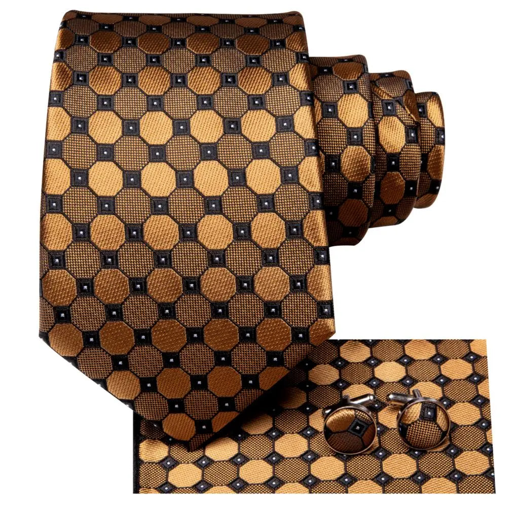 Hi-Tie Black Gold Orange Dot Paisley Silk Wedding Tie For Men Handky Cufflink Fashion Design Tie For Men Business Party Dropship