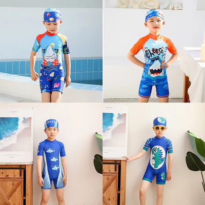 2021 New Hot One-piece Toddler Boy Swimwear With Hat Fish Cartoon Print Children Swimsuit Bathing Suits Kids Beach Clothes