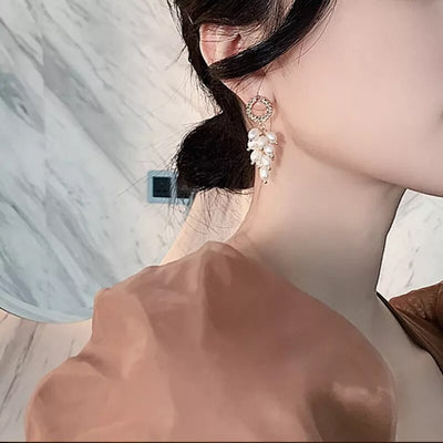 Elegant Leaf Circle Grape String Imitation Pearl Tassel Drop Earrings For Women Korean Pearl Beads Earring Party Wedding Jewelry