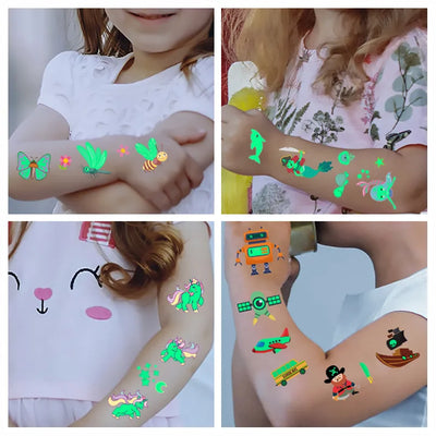 Luminous Tattoo Sticker Children Arm Face Glowing Tattoo Children Body Art Tattoo Dinosaur Pirate Unicorn Mermaid Tattoo Cartoon