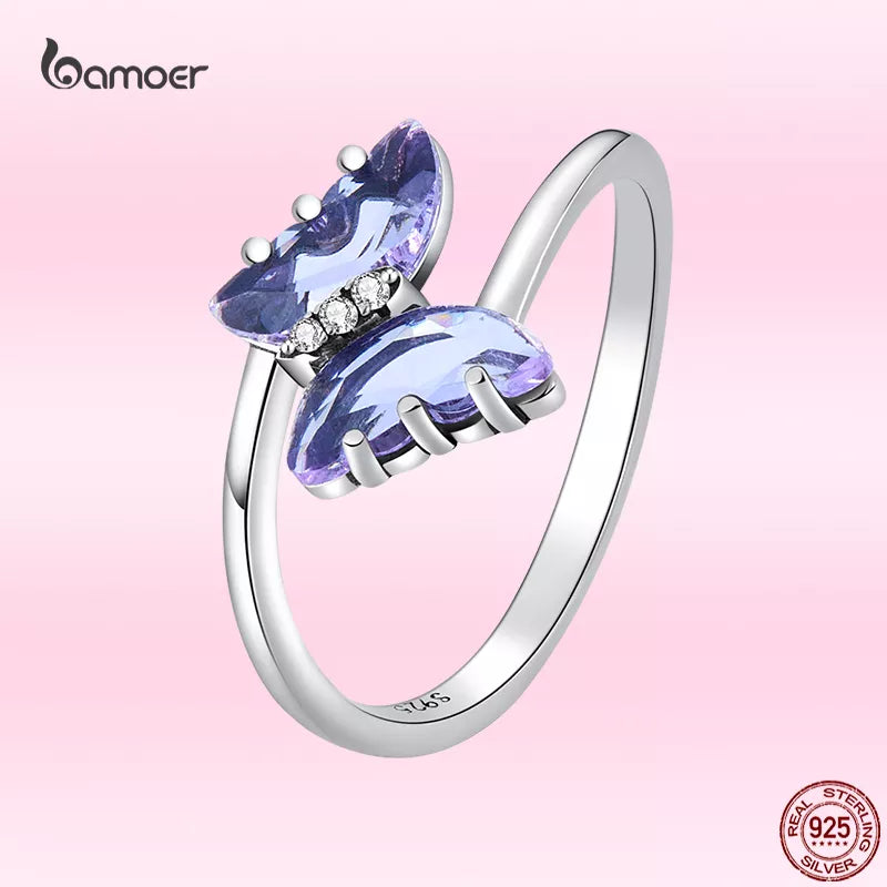 Bamoer Trendy Purple Flying Butterfly Rings 925 Sterling Silver Delicate Animal Butterfly Ring for Women S925 Fine Jewelry Gifts