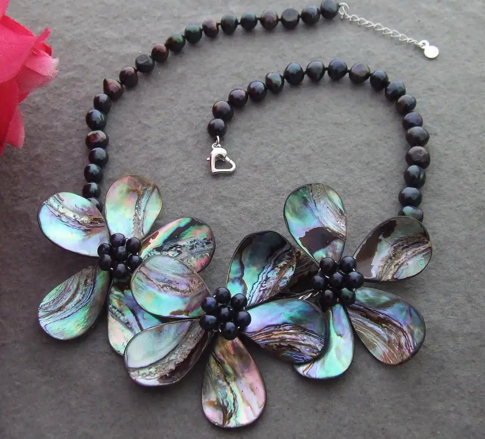 Y·YING Black Pearl Abalone Shell Necklace Handmade Statement Necklace 18"