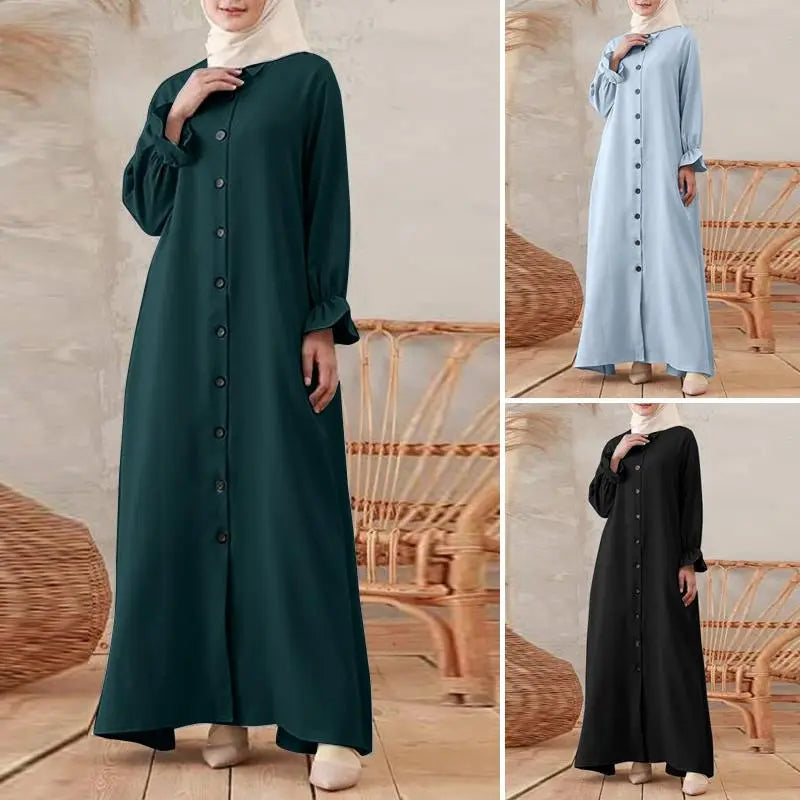 Eid Mubarak Plain Vintage Dress Muslim Women Abaya Shirt Collar Single Breasted Casual Islam Robe Saudi Arabia Femme Kaftan