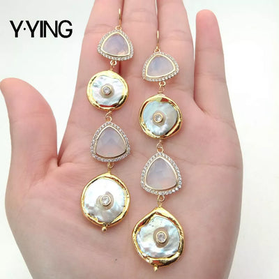 Y·YING Freshwater White Keshi Pearl Crystal Cz pave Hook Earrings