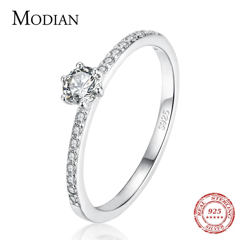 Modian Solid 925 Sterling Silver Simple Round Clear CZ Finger Rings For Women & Girls Cassic Wedding Statement Fine Jewelry Gift