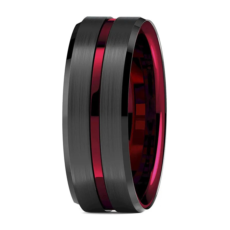 FDLK   8mm Black Carbide Stainless Steel Thin Red Line Wedding Band Ring Men's Jewelry