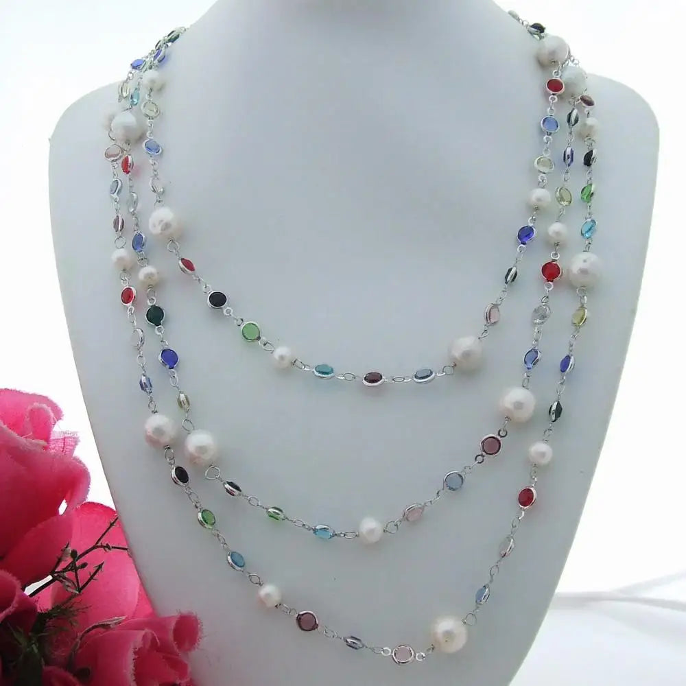 68'' White Round Keshi Freshwater Pearl multi color cz pave Chain long Necklace sweater chain necklace for women