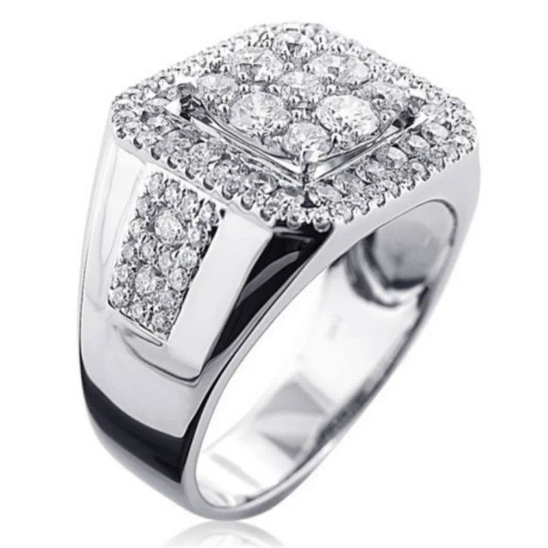 Ofertas Business Style Silver Color Square Full Crystal Men's Rings Fashion Party Wedding Engagement Ring Jewelry