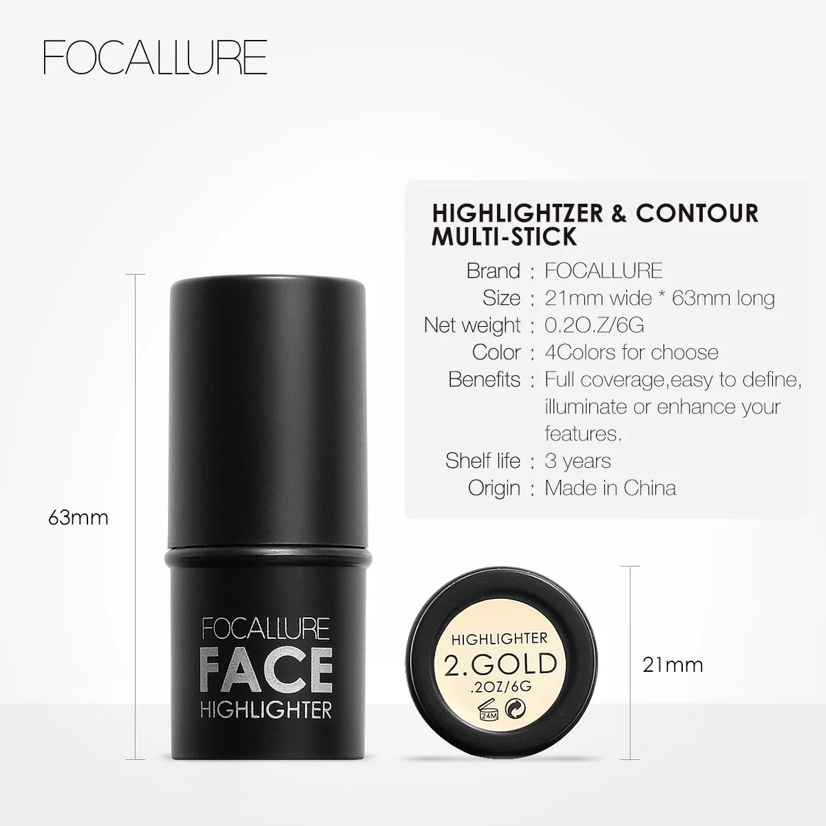 FOCALLURE Face Bronzers Highlighter Contour Stick Waterproof Lightweight Shimmer Highlighters Blush Illuminator Makeup Cosmetics