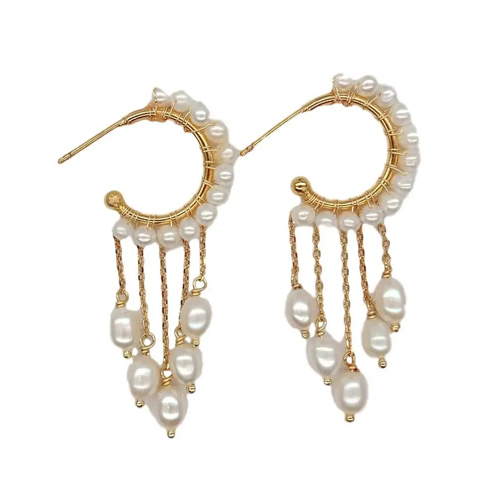 Y·YING Freshwater White Pearl gold color plated chain tassel  Hoop Chandelier Earrings for women