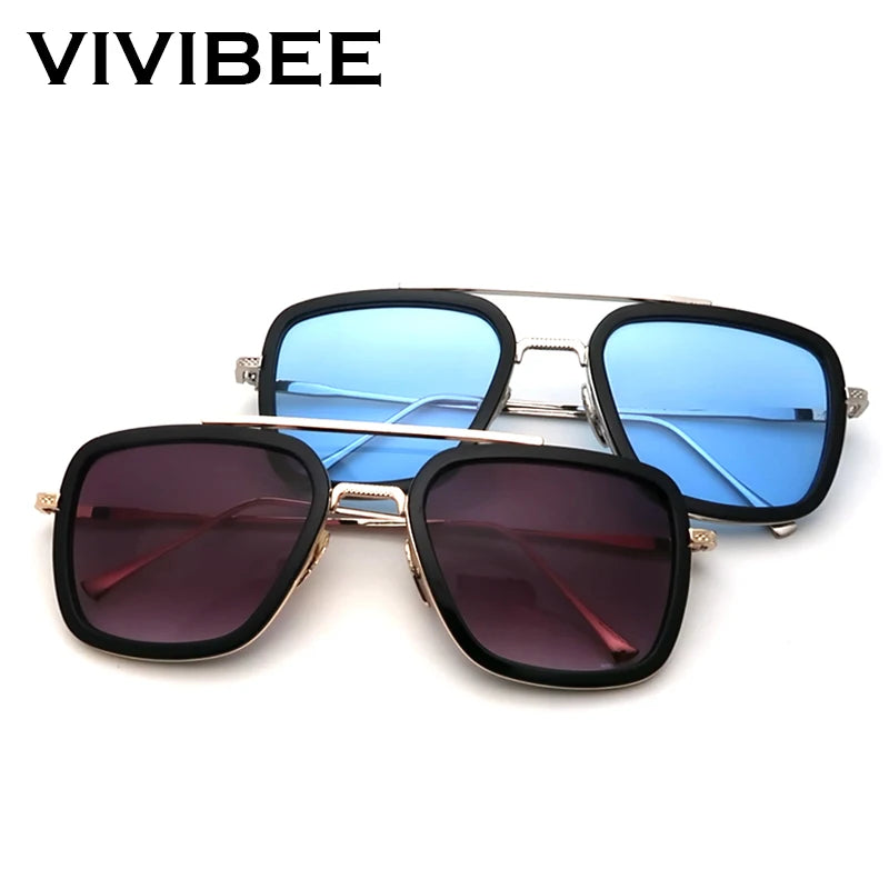 VIVIBEE 2024 Square Men Edith Sunglasses Vintage Tony Stark Silver Metal Frame Blue Lens Glasses Fashion Women Steampunk Eyewear