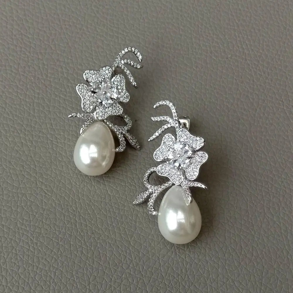 Teardrop White Sea Shell Pearl Cubic Zirconia micro pave Pave Flower Stud Earrings  for women/girls,high quality