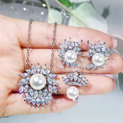 925 Silver New Temperament High-End Group Inlaid White Zircon Fashion Simulation Pearl Shell Beads Pendant Earring Open Ring Set