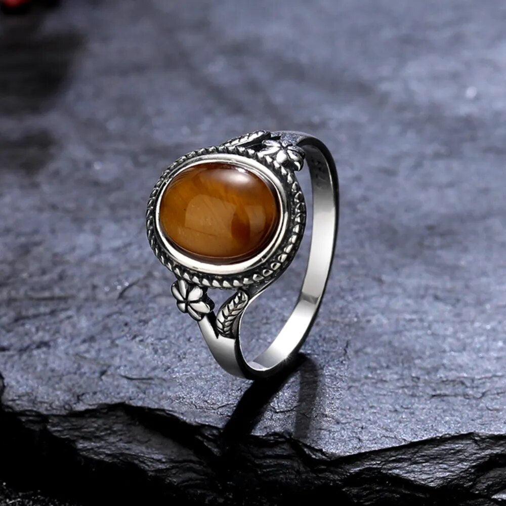 Natural 8*10MM Tiger's Eye Stone Finger Ring Fashion Jewelry Rings for Women Gift 925 Sterling Silver Flower Shaped Ring