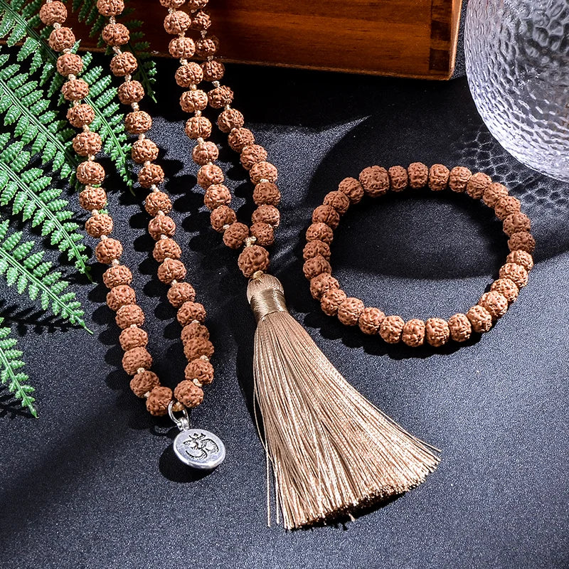 7-8mm Original Rudraksha Beaded Knotted Japamala Necklace Bracelet Set Meditation Yoga Blessing Jewelry 108 Mala Rosary