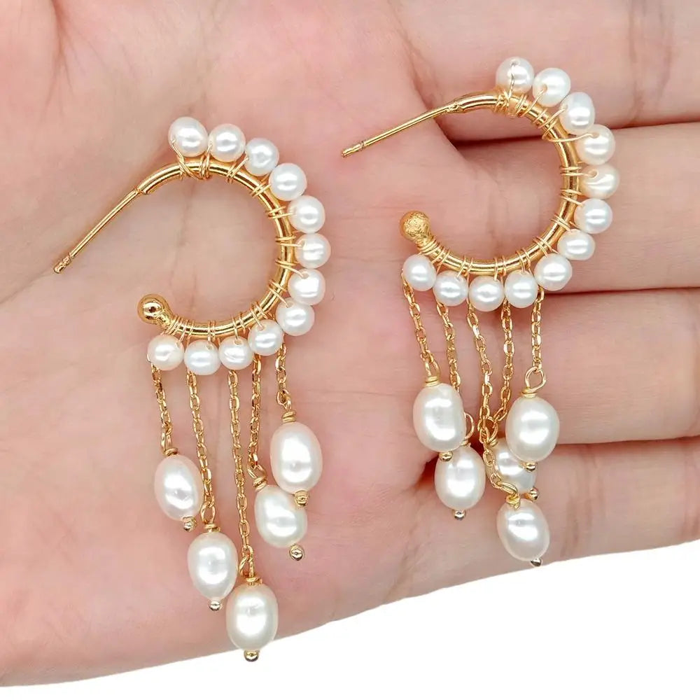 Y·YING Freshwater White Pearl gold color plated chain tassel  Hoop Chandelier Earrings for women