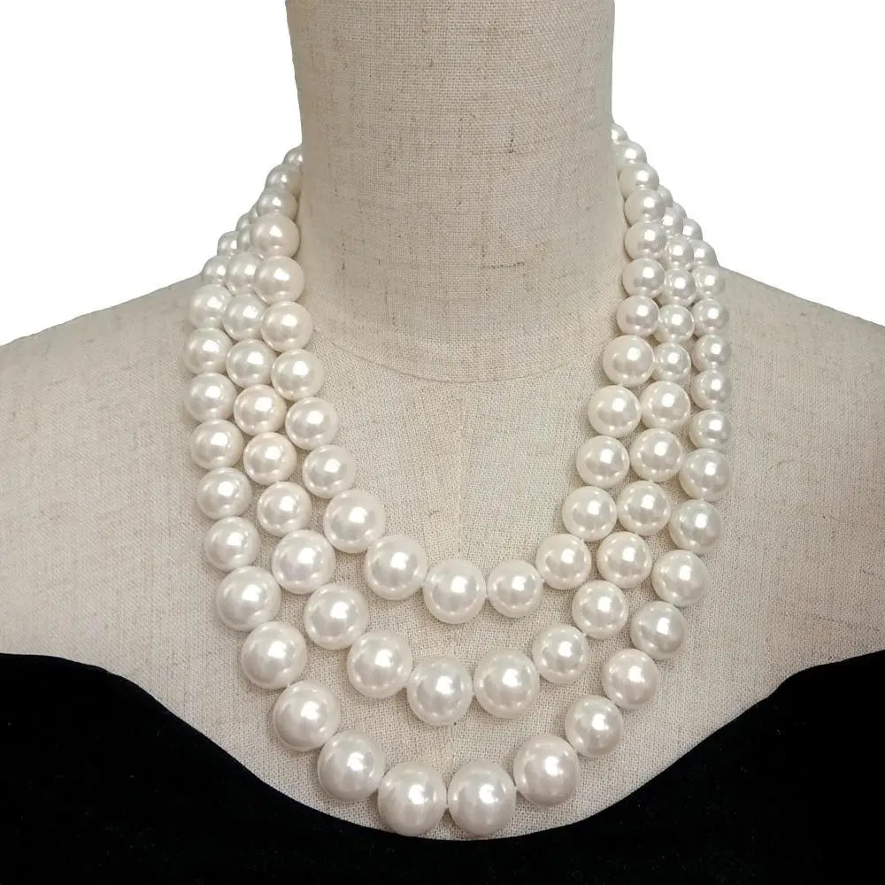 Y·YING 3 Rows 11mm-15mm White Sea Shell Pearl Graduated Necklace Wedding for women