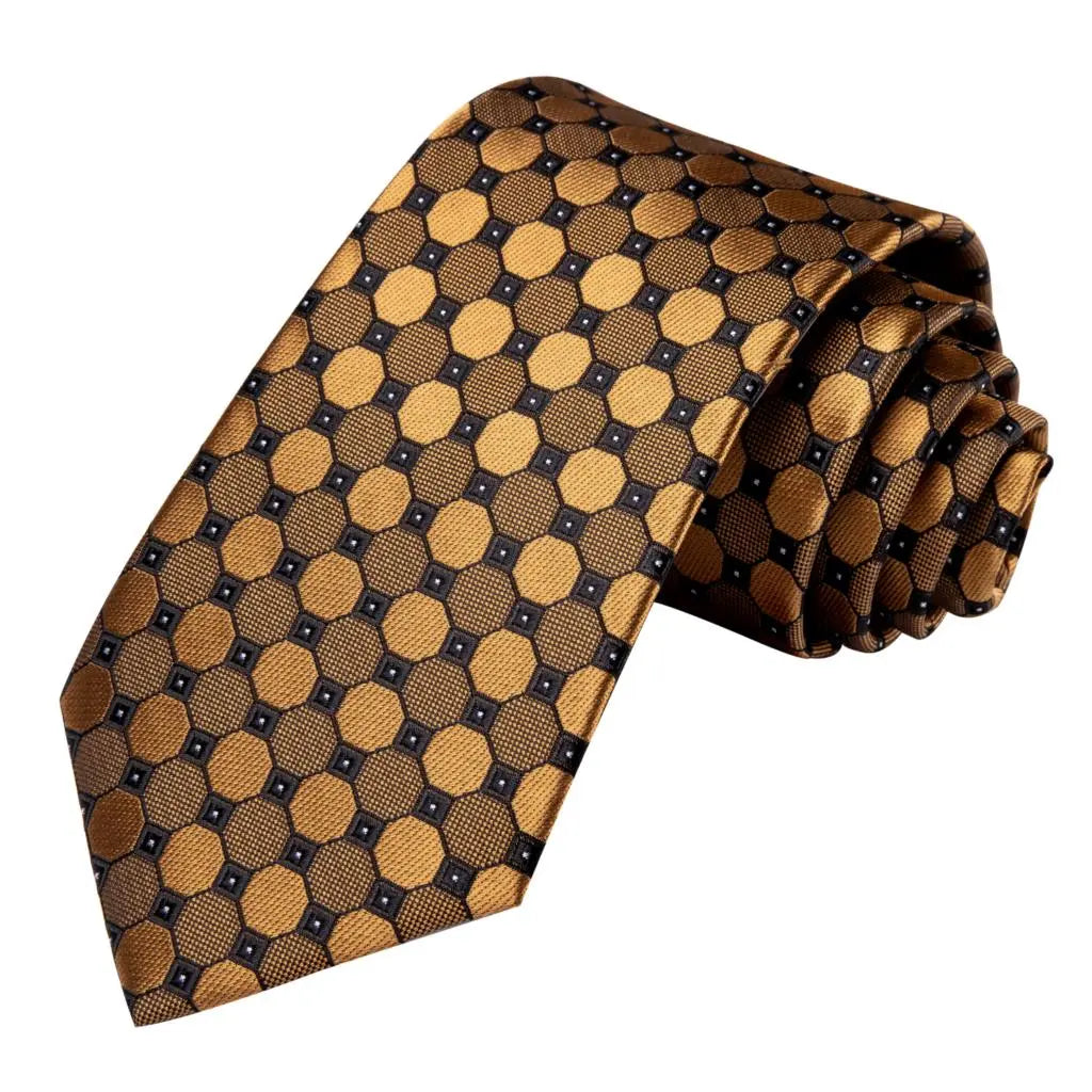 Hi-Tie Black Gold Orange Dot Paisley Silk Wedding Tie For Men Handky Cufflink Fashion Design Tie For Men Business Party Dropship