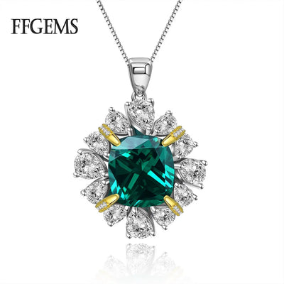 FFGems 925 Sterling Silver Necklace pendant chain Created Moissanite Emerald Gemstone Wedding Engagement Fine Jewelry for women