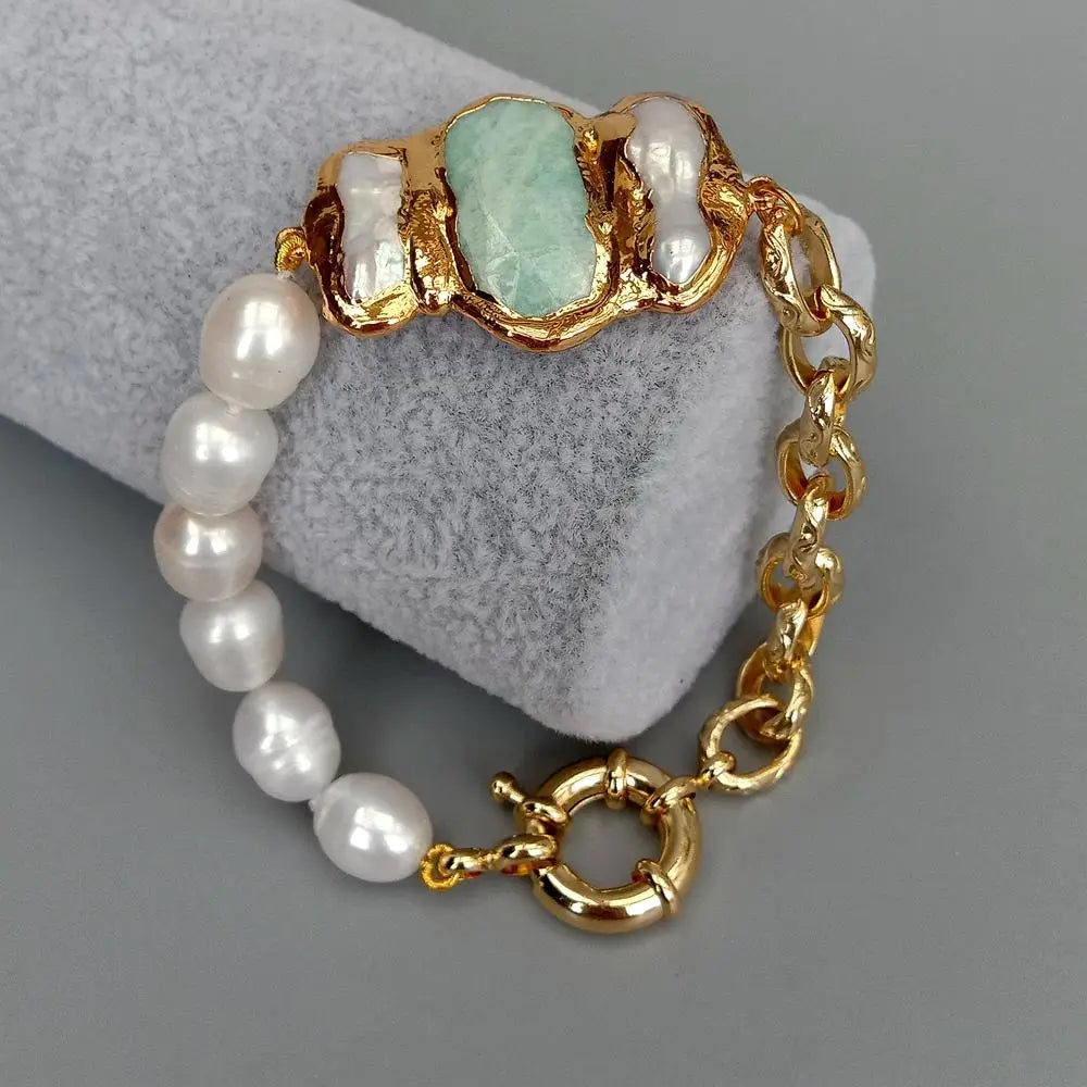 Y.YING natural Cultured White Rice Pearl Amazonite Biwa Pearl Chain Bracelet  8"  vintage style for women