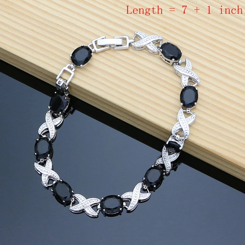 12 Colors Gemstone Silver 925 Jewelry Sets  Black Obsidian Birthstone Earrings Bracelet Resizable Ring Necklace Wholesale