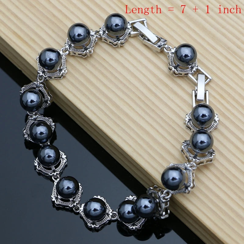 Black Pearls 925 Silver Jewelry Sets for Women Luxury Pearl Beads Bracelet Line Design Earring Ring Necklace for Lady Party Gift