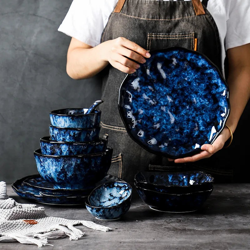 Blue Ceramic Rice Bowl Salad Fish Plate European Dinner Plates Creative Irregular Dishes Home Kitchen Tableware Set Dinnerware