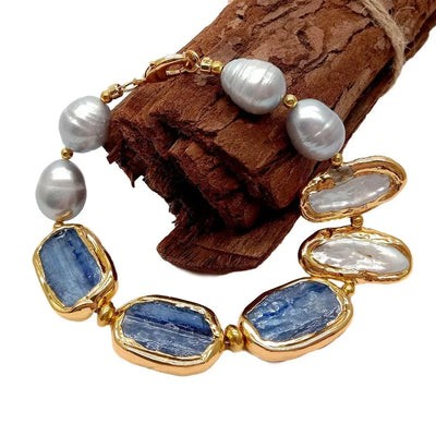 Y·YING Cultured White Biwa Pearl Gray Rice freshwater Pearl Blue Kyanite Bracelet 8" for women