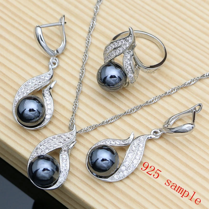 Black Pearls 925 Silver Jewelry Sets for Women Luxury Pearl Beads Bracelet Line Design Earring Ring Necklace for Lady Party Gift