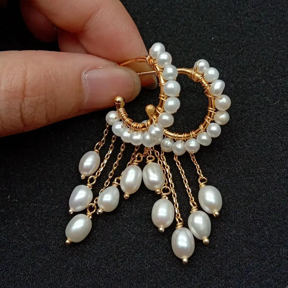 Y·YING Freshwater White Pearl gold color plated chain tassel  Hoop Chandelier Earrings for women