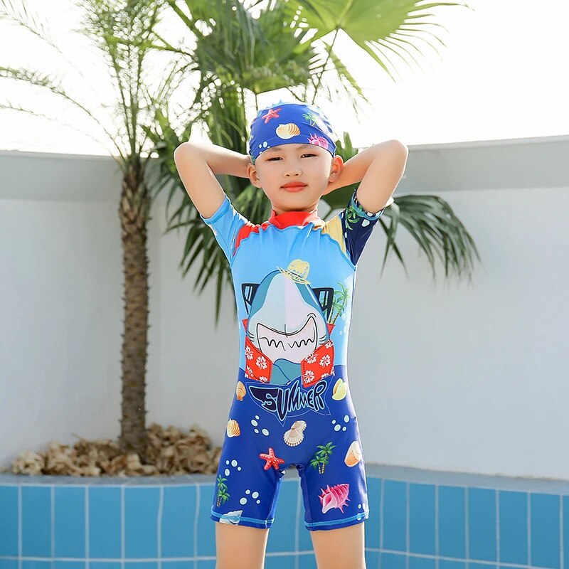 2021 New Hot One-piece Toddler Boy Swimwear With Hat Fish Cartoon Print Children Swimsuit Bathing Suits Kids Beach Clothes