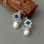 Teardrop White Sea Shell Pearl Blue Cz Pave Flower Stud Earrings