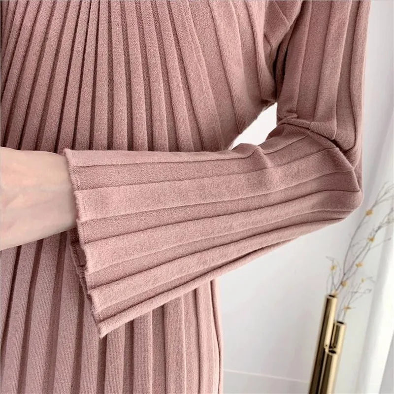 High Elastic Skinny Stretchy Dress Ladies Woolen Dress 2020 Fall Winter Waist Thin V-neck Bottoming Vintage Dress Sexy Dress