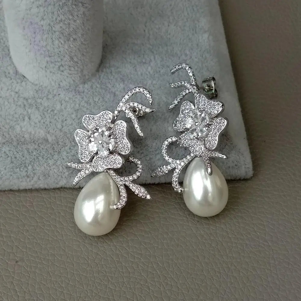 Teardrop White Sea Shell Pearl Cubic Zirconia micro pave Pave Flower Stud Earrings  for women/girls,high quality