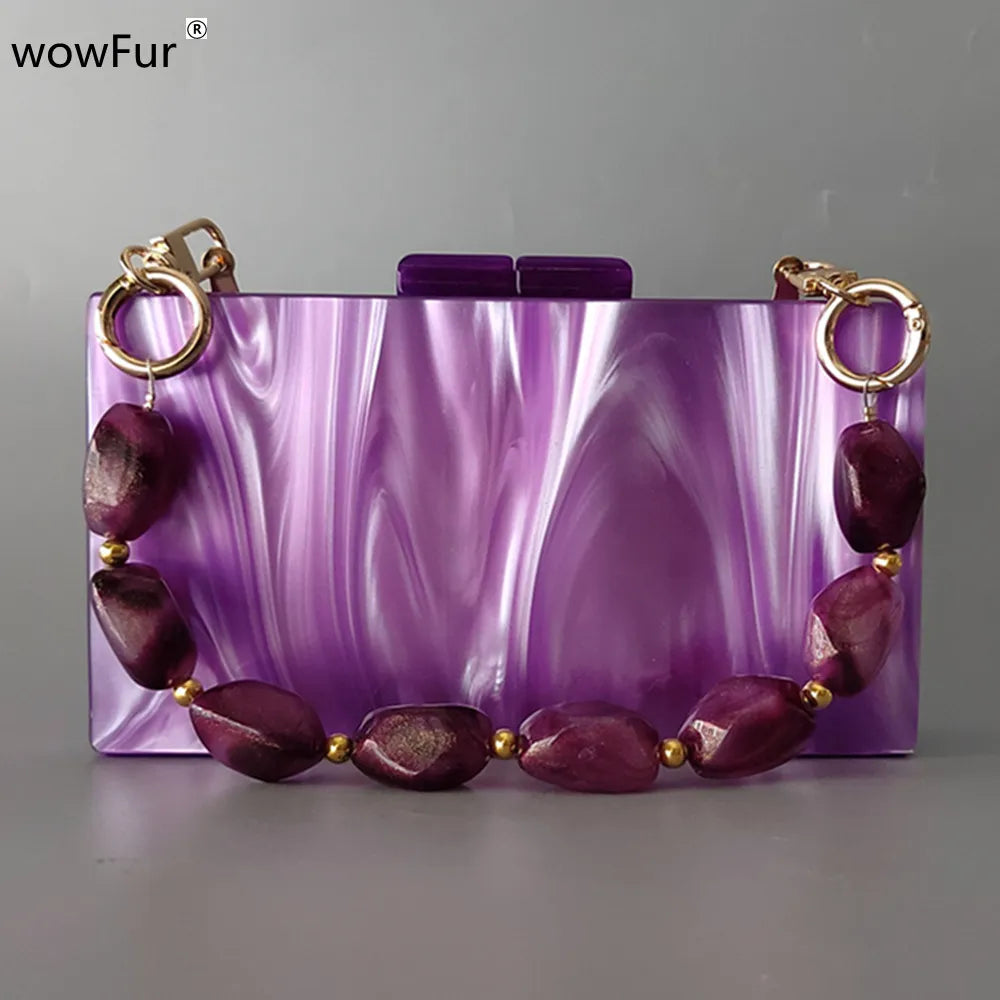 Ladies Patchwork Clutch Purse Brand Party Prom Wedding Mini Small Summer Box Handbag Stylish Purple Acrylic Evening Bag Wallet