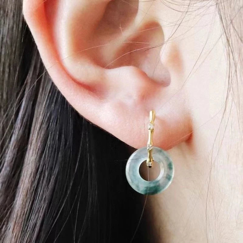 New silver inlaid natural chrysoprase ice seed exquisite bamboo knots round earrings for women Chinese style ear buckle jewelry