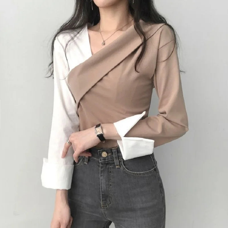 Autumn Women Shirts Long Sleeve Vintage Contrast Patchwork Shirts Women Fashion Streetwear V Neck Ladies Tops Clothing