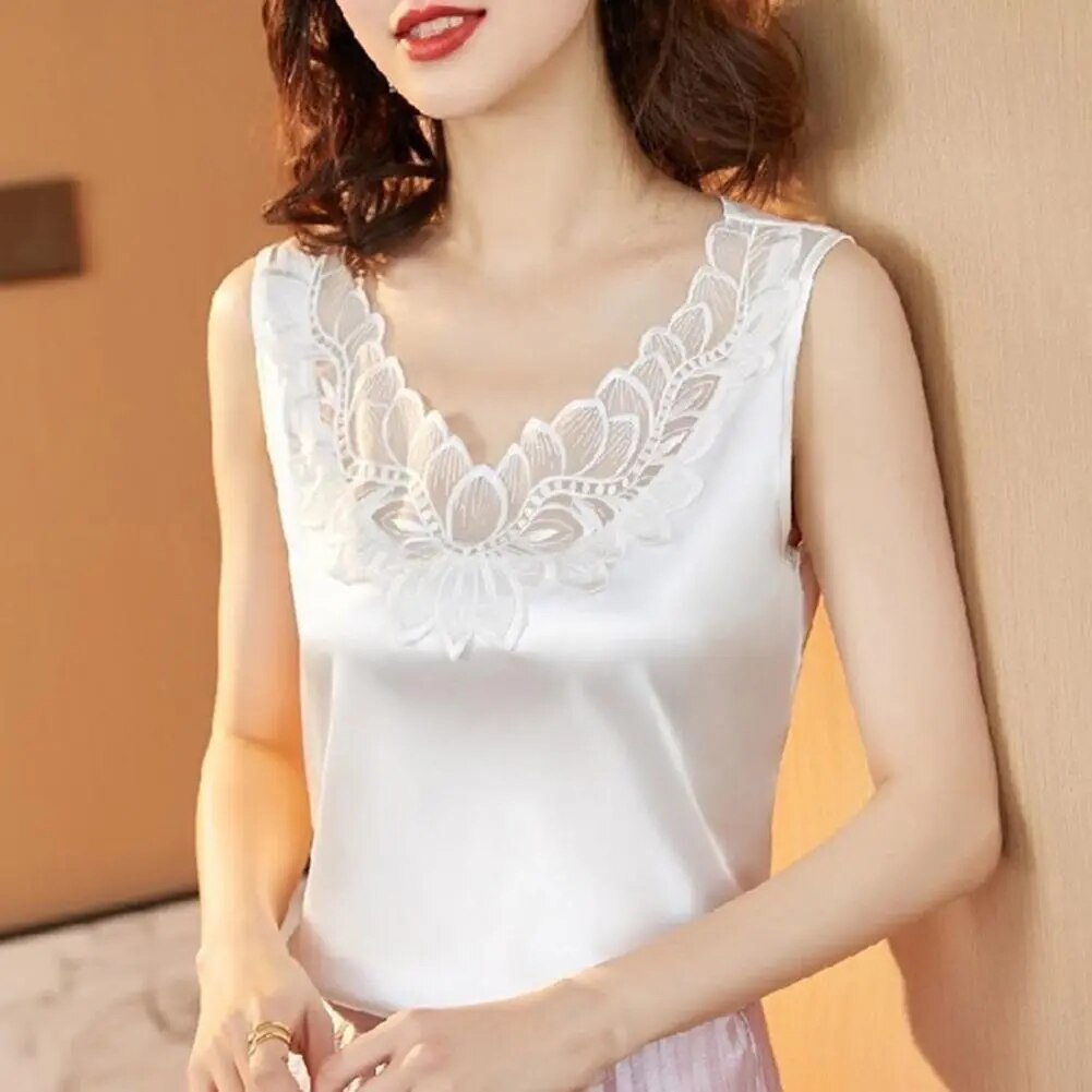 Summer Women Vest Solid Color Lace V Neck Sleeveless Loose Blouse Top for Office Female Clothing