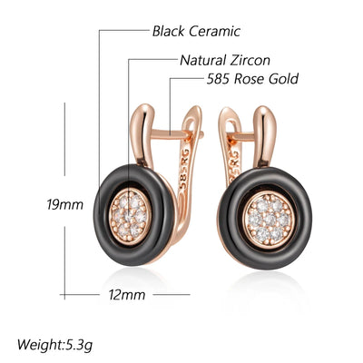 Kinel Hot Black Ceramics Drop Earrings For Women 585 Rose Gold Color Natural Zircon Accessories High Quality Daily Fine Jewelry