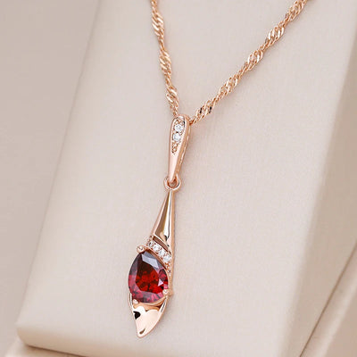 Kinel New 585 Rose Gold Color Long Pendant Necklace For Women Red Natural Zircon Bride Vintage Wedding Jewelry Daily Wear Gift