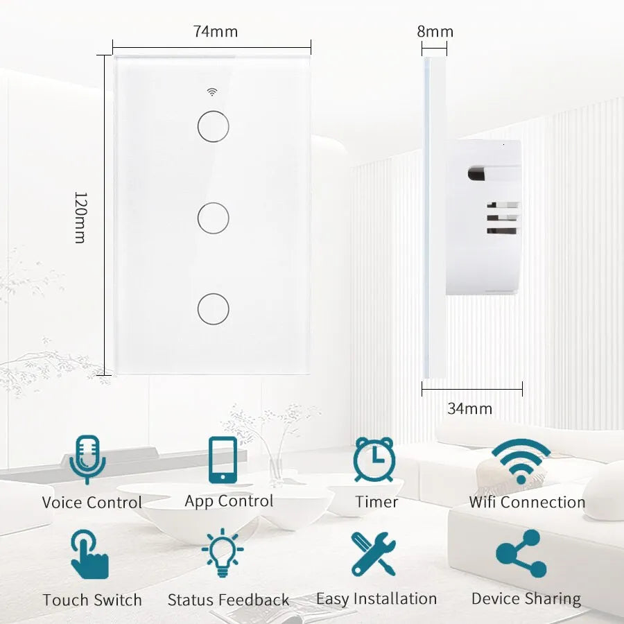 Tuya WiFi Smart Light Switch US 120 Type Wall Touch Panel Without Neutral Single Fire Work with Alexa Google Home 1/2/3 Gang