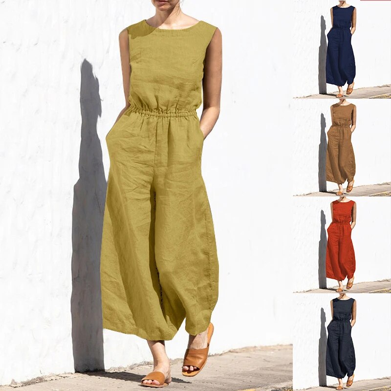 Vintage Casual Boho Jumpsuit Overalls For Women Summer Elegant Sleeveless Pocket Playsuit Fashion Romper Loose Pants Streetwear