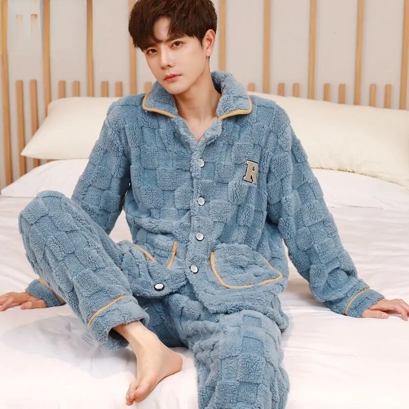 2023 New Pineapple Velvet Pajamas Men Autumn Winter Loungewear Thickened Plush Coral Velvet Sleepwear Warm Long Sleeved Homewear