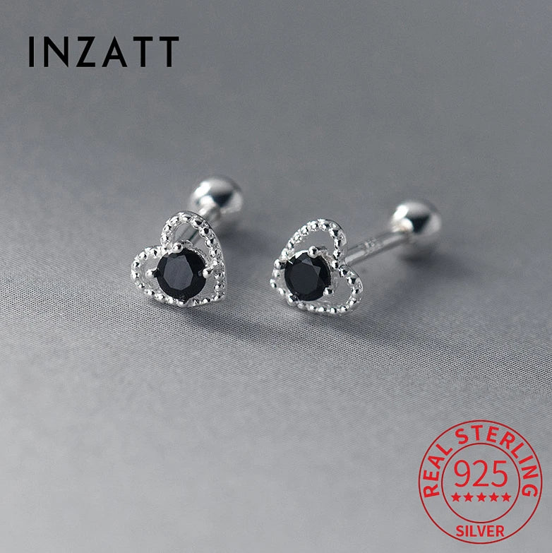 INZATT Real 925 Sterling Silver Zircon CZ Heart Bead Screw Stud Earrings For Women Classic Fine Jewelry Minimalist Accessories