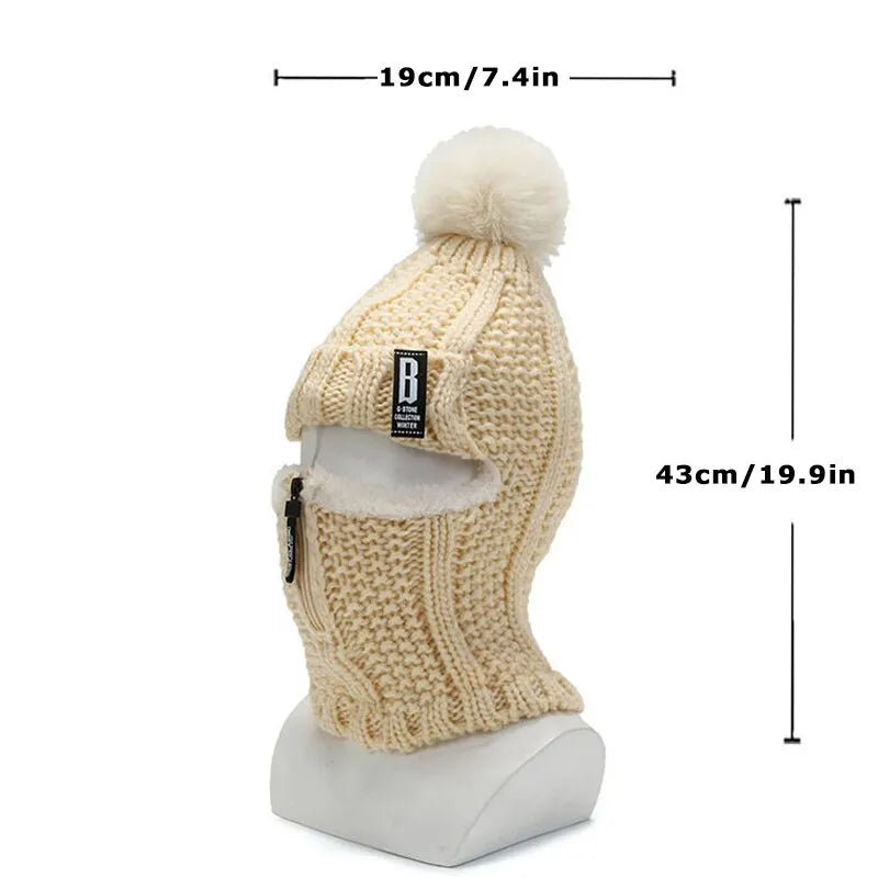 Women Wool Knitted Hat Ski Hat Sets Windproof Winter Outdoor Knit Thick Siamese Scarf Collar Warm Keep Face Warmer Beanies Hat