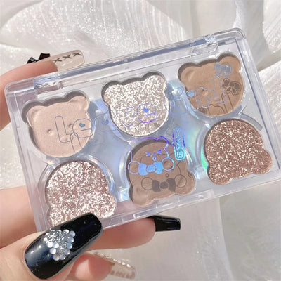 6-Color Cute Bear Eyeshadow Palette Nude Brown Glitter Pearly Eye Shadow Matte Long Lasting Korean Eye Makeup Palette Cosmetics