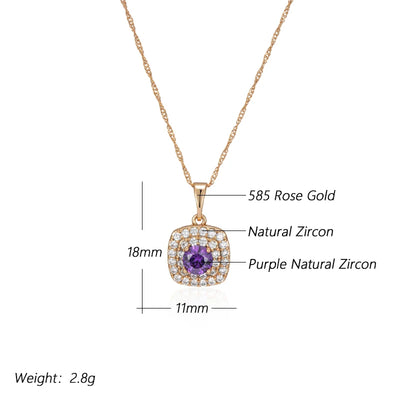 Kinel Hot Shiny Purple Natural Zircon Square Pendant Necklace for Women 585 Rose Gold Color Crystal Pendant Vintage Jewelry